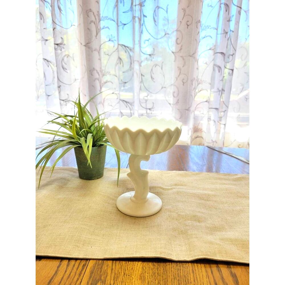 Vintage Lotus  Milk Glass Compote Indiana Glass, Pedestal Bowl